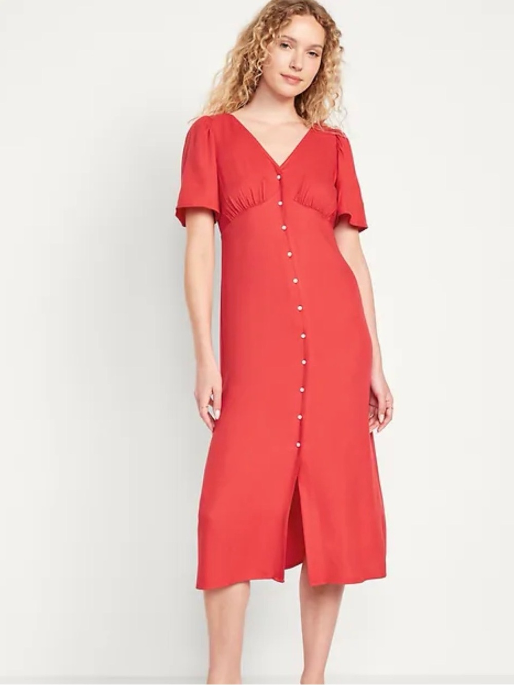 Old Navy Coral-Red V-Neck Button-Front Midi Dress